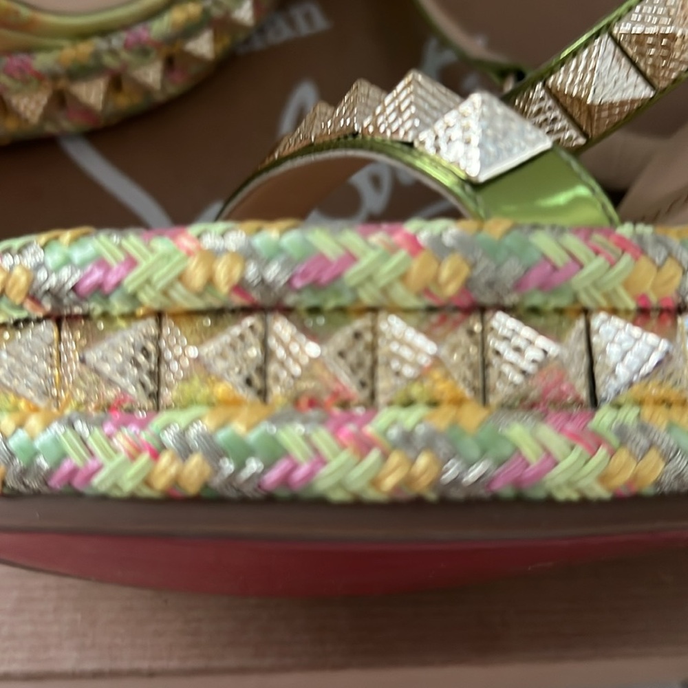 New Christian Louboutin Green Wedge Sandals Studded Italy Size 37 AUTHENTIC - Picture 6 of 11